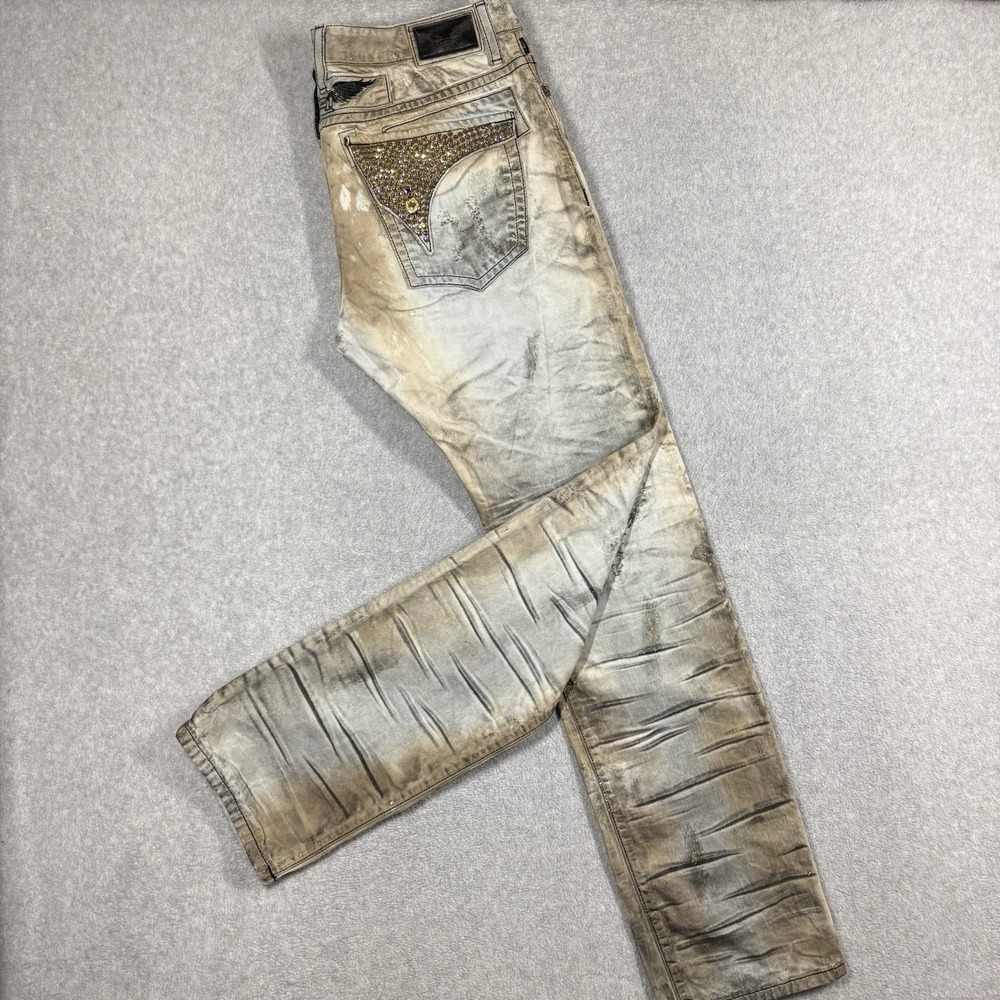 Robins Jean Jeans Mens 38x36 Distressed Moto Biker Rhinestone Long Flap Y2K USA